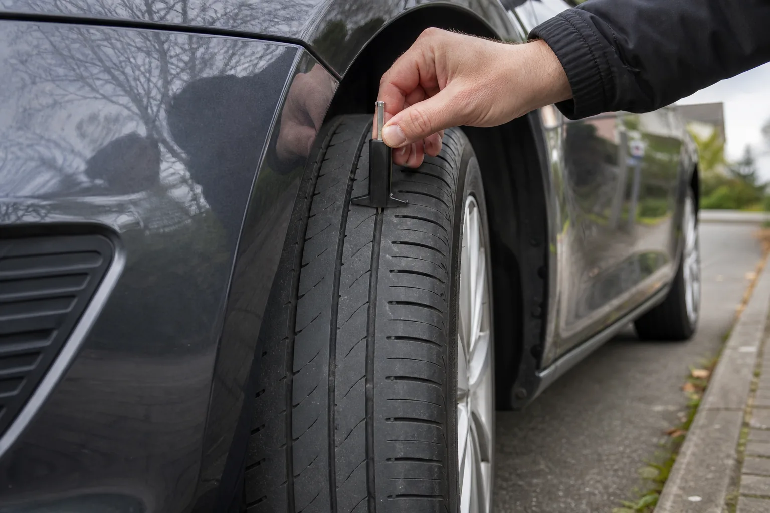 A used-car tyre being checked with a tread-depth gauge